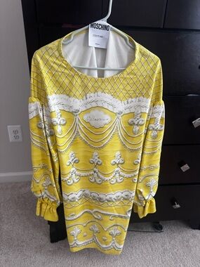 Moschino Yellow and White Baroque Mini Dress
